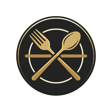 Crossed fork and spoon on stylized black plate icon.