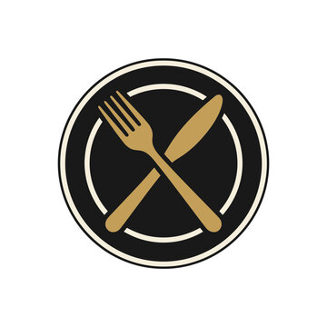 Crossed fork and knife icon on black plate background.