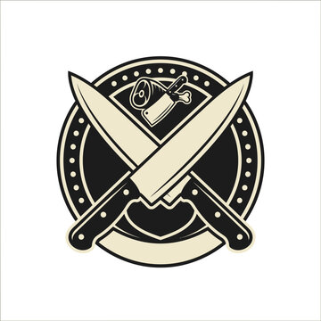 Crossed kitchen knives and meat piece circular emblem.