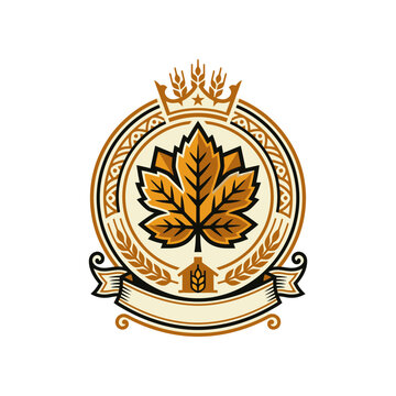 Crowned maple leaf crest with wheat and banner.