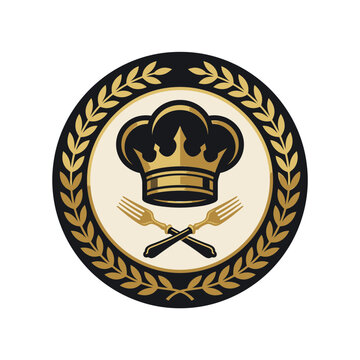 Crowned chef hat with crossed forks and laurel wreath.