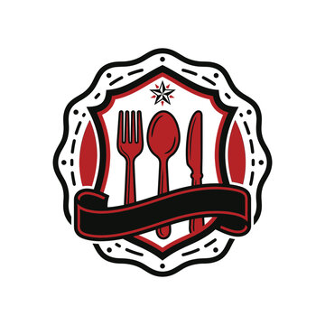 Culinary badge with fork spoon and knife icon.