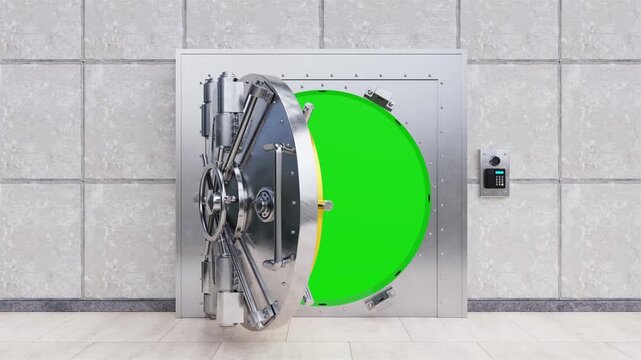 Secure Bank Vault Door Opening and Closing with Combination Lock and Reveal Green Screen. Bank Vault Door Opening. Solid Metal Vault Door. Seamless Loop for Transition and Chroma Key Use. 4K 3D Video