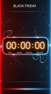 Black Friday Sale Countdown Timer with Neon Glow on Dark Background.