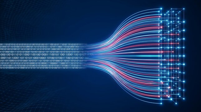 Digital data stream transformation with binary code flowing into colorful glowing network lines connecting to a futuristic data server grid for technology concepts.