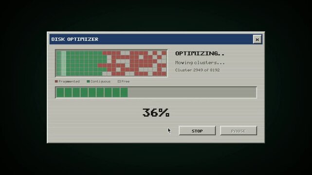 Disk Optimizer Progress Bar Animation, Retro User Interface, Data Optimization Visualization, Vintage Computer Graphics, Seamless Loop, System Maintenance, Digital Tools