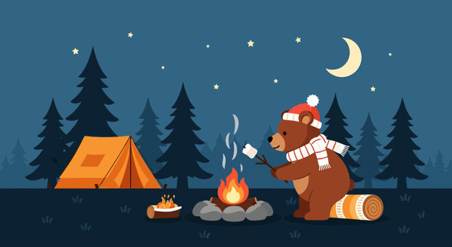 Cute flat vector illustration of a brown bear wearing a scarf and hat roasting marshmallows over a campfire next to an orange tent in a pine forest at night under a crescent moon.