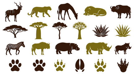 Obraz premium African Safari Wildlife Silhouette Icon Set with Savanna Animals Trees and Animal Paw Prints for Nature Designs Vectors and Graphics