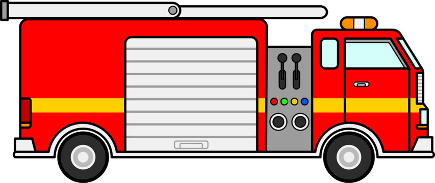 Red fire truck cartoon vector illustration featuring ladder, wheels, siren light, and side shutter door, ideal for kids educational design projects.