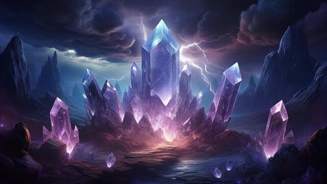 Mystical Crystal Formation in Stormy Fantasy Landscape