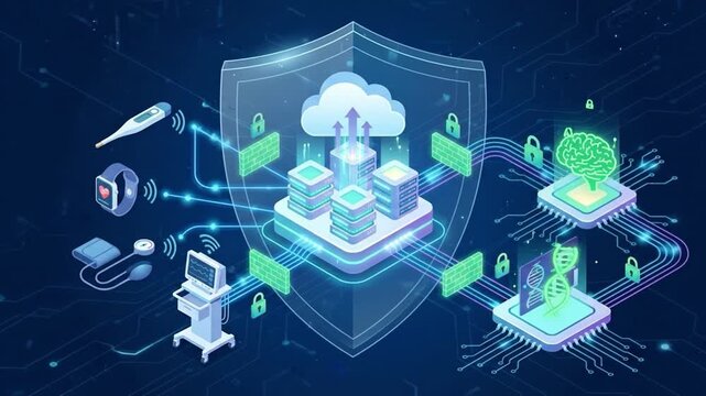 Cloud security shield data server network lock technology circuit digital encryption privacy system glowing connection device chip processor protection online storage cyber safety