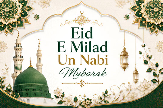 Eid e milad un nabi mubarak greeting card with mosque dome and lanterns greeting festival celebration religious tradition architecture crescent ornament template