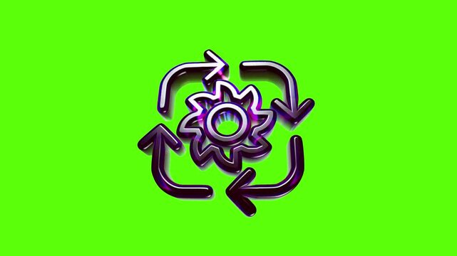 Shiny metallic gear icon with circular rotating arrows representing industrial process and mechanical motion