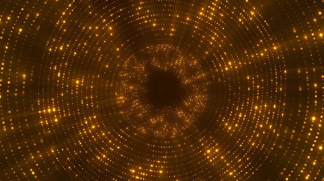 Concentric golden dots glowing circular waves create a vibrant tunnel effect sparkling depth. Perfect for music videos, party intros, dance visuals, festive promotions and seamless motion graphics.