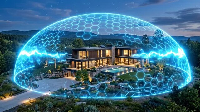 Smart home energy shield blue hologram hexagon pattern modern house security dome futuristic luxury residence glowing beside pool forest hill landscape at dusk