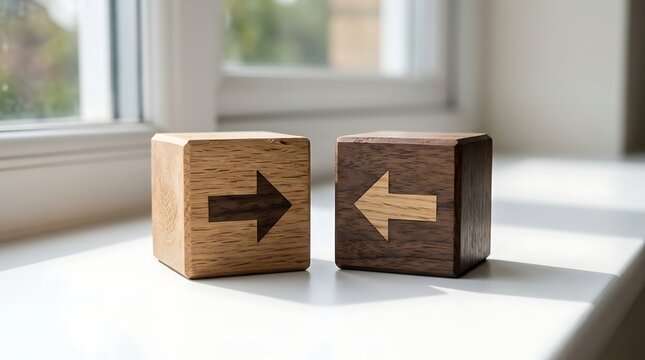 Two wooden blocks with carved arrows pointing in opposite directions left and right symbolizing choice direction opposition and contrast.