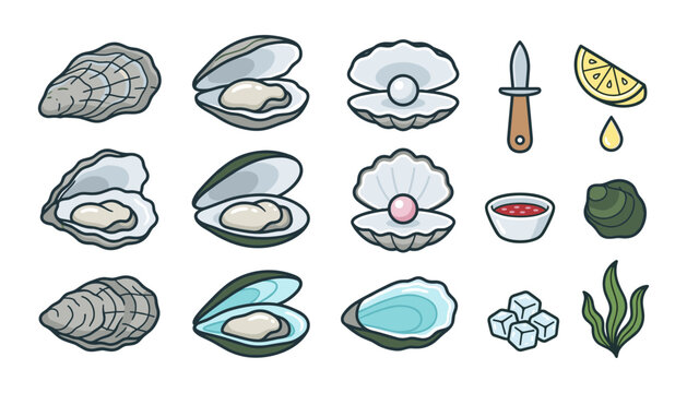 Oyster and Seafood Icon Set with Clams, Pearls, Shucking Knife, Lemon, Sauce, Ice, and Seaweed Vector Illustration for Restaurant Menu Graphics.