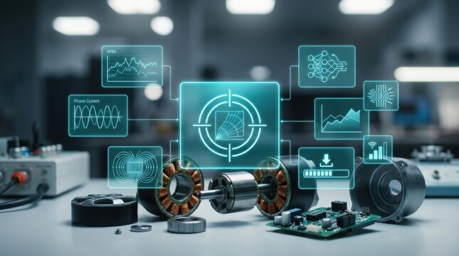 High-angle close-up of a disassembled high-performance brushless motor and logic controller with futuristic holographic diagnostic data overlays in an industrial lab setting