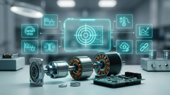 Photorealistic close-up of a disassembled high-performance brushless electric motor and custom logic controller with floating holographic data telemetry and UI overlays in a lab.