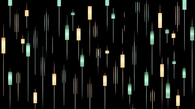 Abstract pattern of glowing gold and green candlestick financial chart bars scattered background overlay for trading design