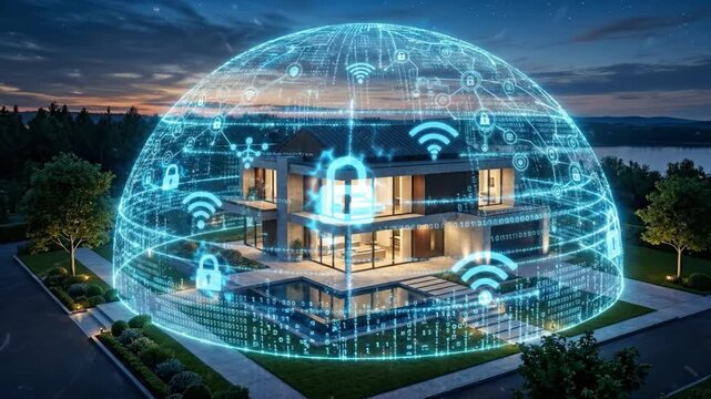 Smart home security network wireless technology digital house protection connection data dome protecting modern residence glowing interface dusk landscape
