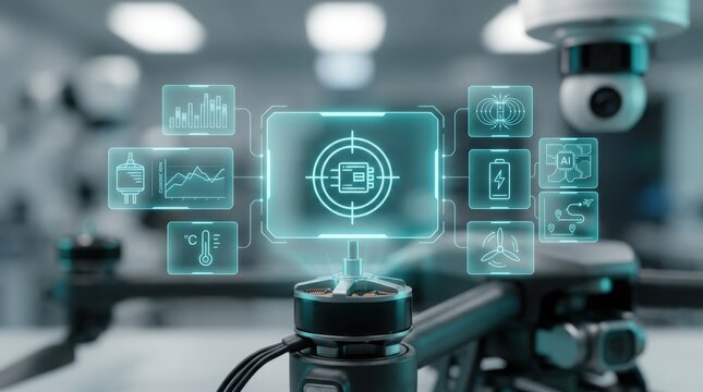 Close-up of a brushless drone motor assembly being calibrated with futuristic holographic data displays and AI diagnostics in a high-tech laboratory