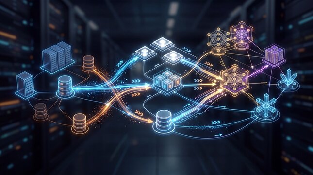 A vibrant digital network visualization depicting data flow and connectivity in a modern server room.