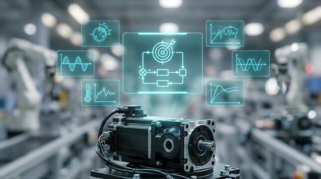 Close-up of a precision servo motor and integrated gearbox unit with holographic data overlays showing diagnostics, graphs, and control loops in a modern automated factory setting