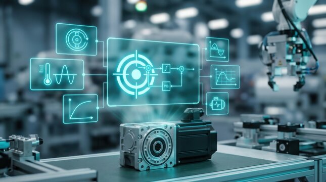 Close-up of an industrial servo motor and gearbox unit with futuristic holographic diagnostic displays and PID control diagrams in a smart factory setting
