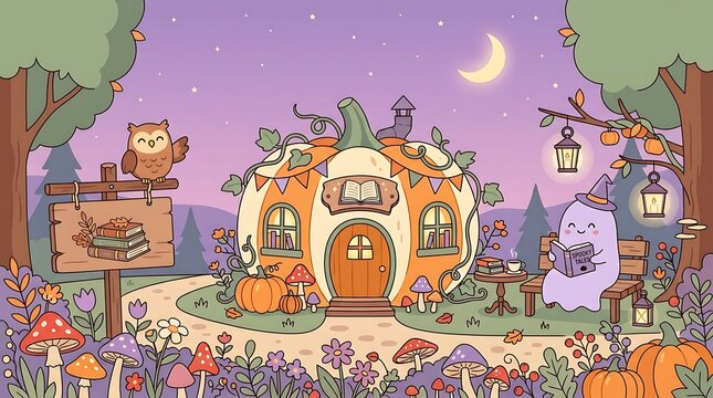 A whimsical and enchanting halloween scene featuring a spooky yet inviting haunted house bathed in the glow of a crescent moon and autumn foliage