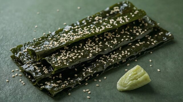 glossy seaweed strips with sesame seeds on vibrant green surface fresh wasabi side clean presentation appetizing snack healthy japanese nori food photography high detail
