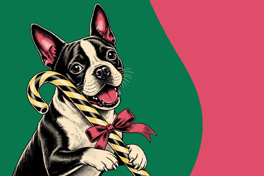 Boston Terrier with Christmas candy cane and red bow, retro comic book line art illustration for pet store holiday campaign, greeting card and poster design