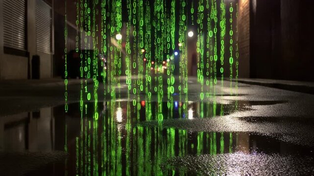 Digital Rain Binary Code Reflection in Puddle at Night, Abstract Technology Concept