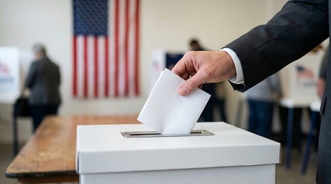 Voter casting ballot into voting box at polling station with American flag in background, representing democratic process and election participation.