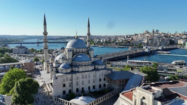Aerial View of Yeni Cami, Galata Bridge and Golden Horn in Istanbul, Turkey