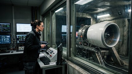 Fototapeta premium Engineer Monitoring Jet Engine Performance in Testing Facility for Aviation Development