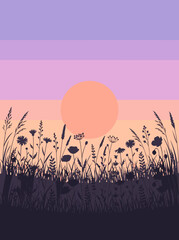 Fototapeta premium Minimalist Flat Vector Illustration of a Serene Sunset over a Grassy Meadow with Wildflowers in a Vertical Landscape Orientation