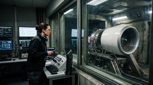 Engineer Monitoring Jet Engine Performance in Testing Facility for Aviation Development