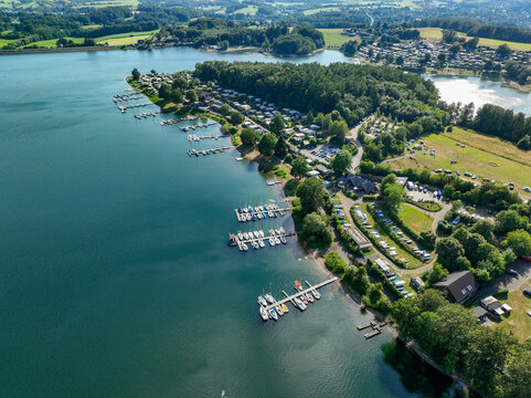 Aerial view of the Bever Reservoir in the Oberbergischer Kreis district of North Rhine-Westphalia. H&uuml;ckeswagen, Germany.