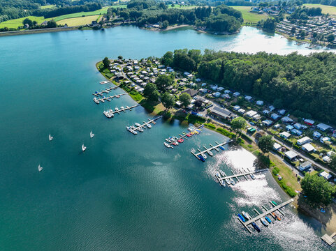 Aerial view of the Bever Reservoir in the Oberbergischer Kreis district of North Rhine-Westphalia. H&uuml;ckeswagen, Germany.