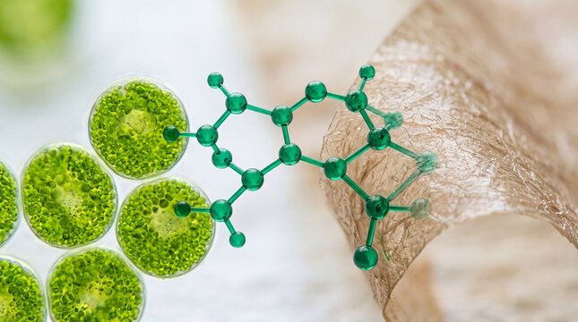 Detailed close-up of green microalgae with molecular structure, showcasing the beauty of microscopic life.