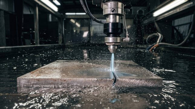 Precision Water Jet Cutting Machine in Action Over Metal Plate with Splashes and Sparks