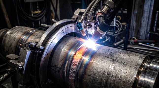 High-Detail Close-Up of Welding Process on Metallic Cylinder in Industrial Workshop Setting