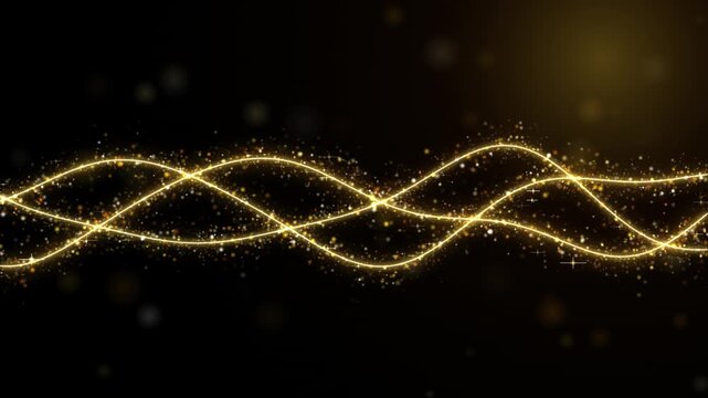 Glowing Golden Wave Lines with Sparkling Glitter Particles and Bokeh Light, Elegant Intertwined Gold Dust Trail for Luxury Award, Christmas, and New Year Celebration Video