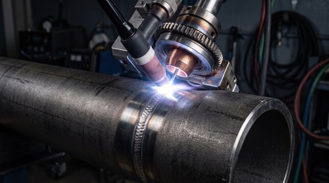 Precision Welding Process on Steel Pipe with Bright Arc and Industrial Equipment in Workshop