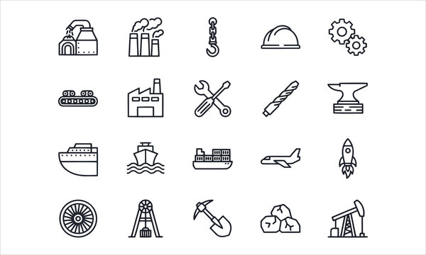 Set of 20 icons related to heavy industry, aerospace, shipbuilding, production, mining, industrial.