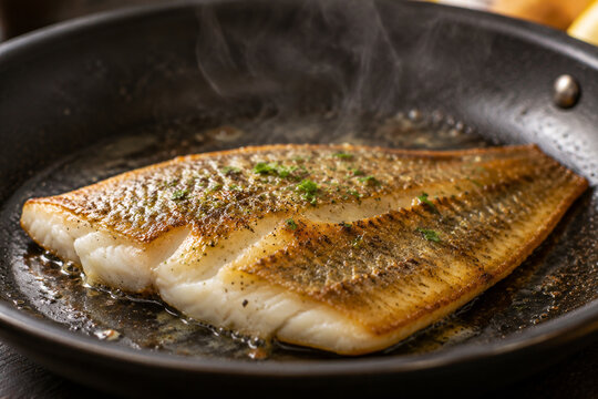 Cooked fish fillet in a frying pan, crispy golden skin and flaky white flesh.