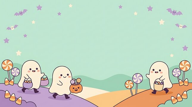 Cute cartoon ghosts trick or treating in a whimsical landscape design perfect for a fun and festive halloween background for kids projects