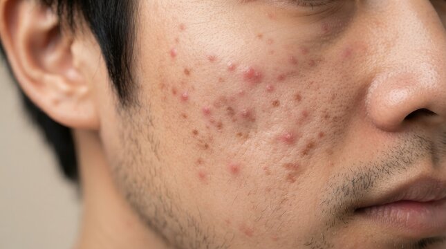 Facial skin displaying signs of acne scarring and potential inflammation issues
