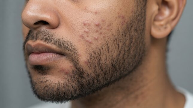 Facial skin discoloration and uneven pigmentation observed on a male's lower face